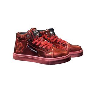 Mens Red Shiny High Top Sneakers Lace Up Metal Decor Flat Casual Shoes Size 9